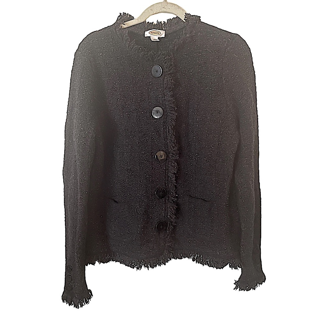 Talbots Wool Alpaca Blend Fringe Button Front Lady Jacket Cardigan Blazer